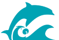 Logo icon with dolphin, tropical bird and breaking wave.